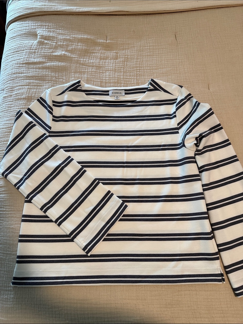 Evereve White Top with Navy Stripes - Long Sleeve Tee